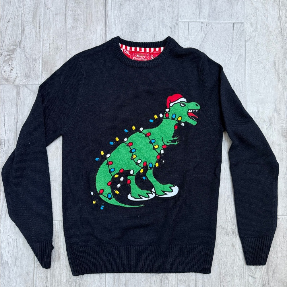 Brave Soul Black Sweater with Festive Dinosaur